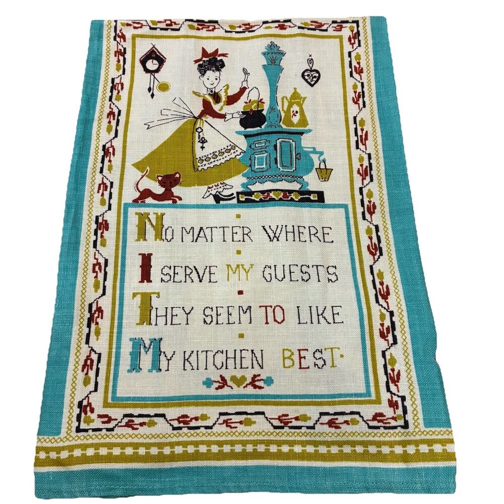 Vintage Linen Tea Kitchen Towel Turquoise 16”x28” NOS Cottage Granny